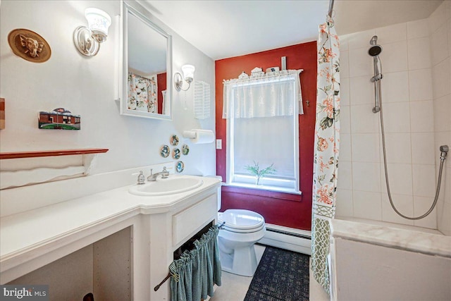 bathroom with vanity, tile patterned flooring, toilet, a baseboard radiator, and curtained shower