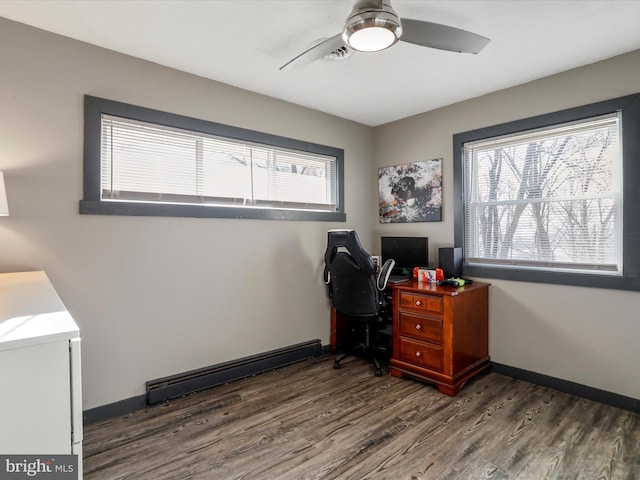 office with ceiling fan, dark wood-type flooring, and a baseboard radiator