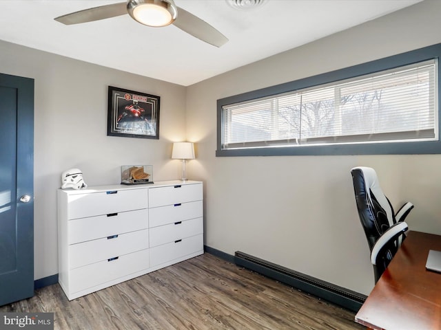 bedroom featuring ceiling fan, wood-type flooring, and a baseboard radiator