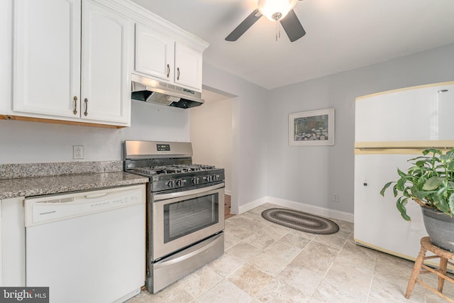 kitchen featuring white cabinets, white appliances, stone counters, and ceiling fan