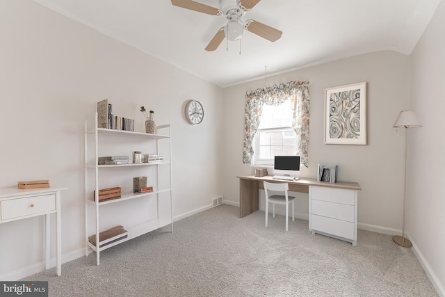 home office featuring ceiling fan and light colored carpet