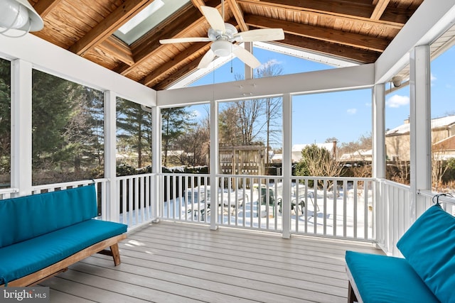 sunroom with ceiling fan, lofted ceiling with skylight, and wood ceiling