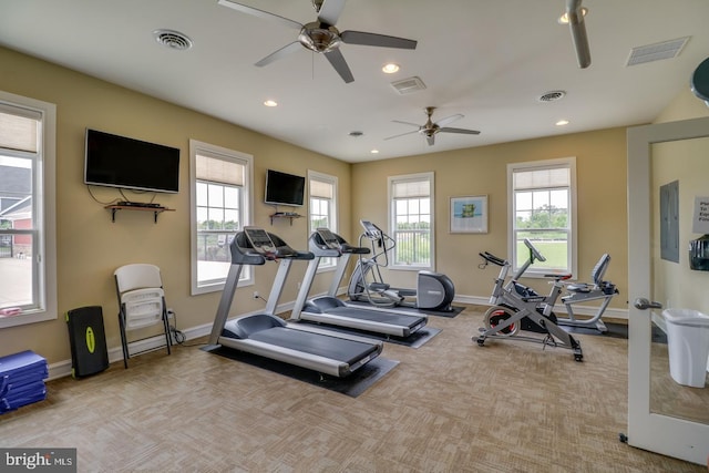 workout area with electric panel, ceiling fan, and light colored carpet