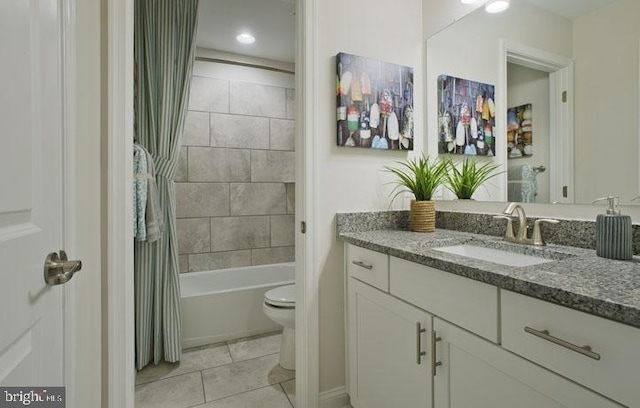 full bathroom with tile patterned flooring, vanity, toilet, and shower / tub combo with curtain