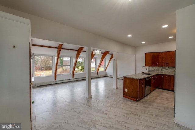 kitchen with dishwasher, sink, decorative backsplash, light stone countertops, and a notable chandelier