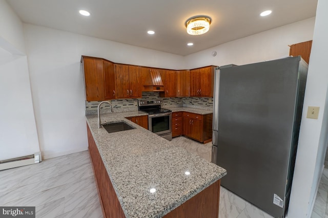 kitchen with sink, light stone countertops, appliances with stainless steel finishes, tasteful backsplash, and kitchen peninsula