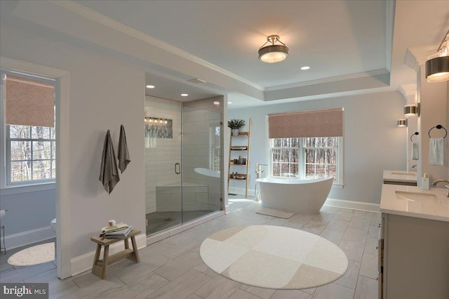 bathroom featuring ornamental molding, a freestanding tub, a shower stall, and vanity