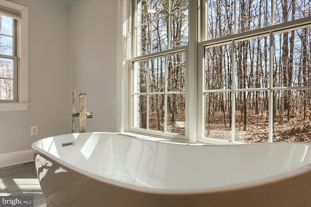 bathroom with a freestanding bath and baseboards