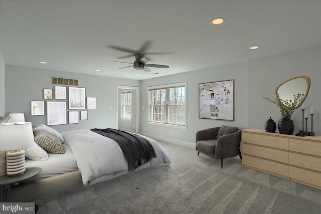 carpeted bedroom with baseboards, visible vents, a ceiling fan, and recessed lighting