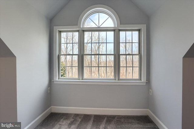 interior space featuring vaulted ceiling, carpet flooring, and baseboards