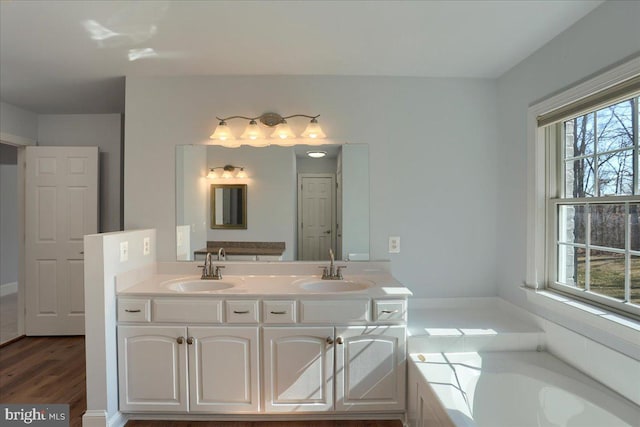 full bath featuring double vanity, wood finished floors, a sink, and a bath