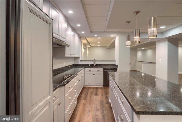 kitchen with recessed lighting, under cabinet range hood, wood finished floors, a sink, and black appliances