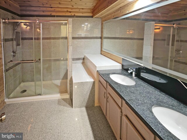 bathroom with separate shower and tub, vanity, and wood ceiling