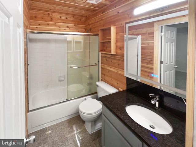 full bathroom featuring vanity, wood walls, toilet, enclosed tub / shower combo, and wood ceiling