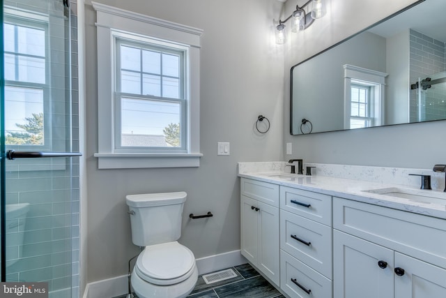 bathroom featuring vanity, plenty of natural light, and a shower with shower door