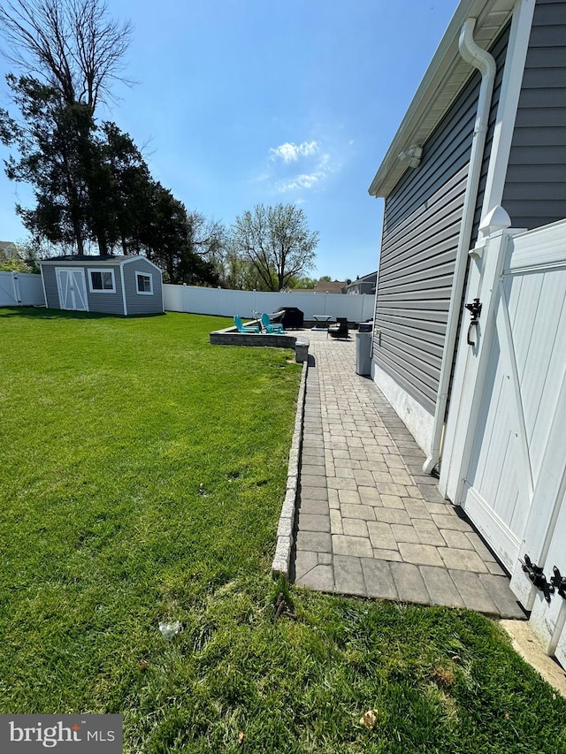 view of yard with a patio and a shed