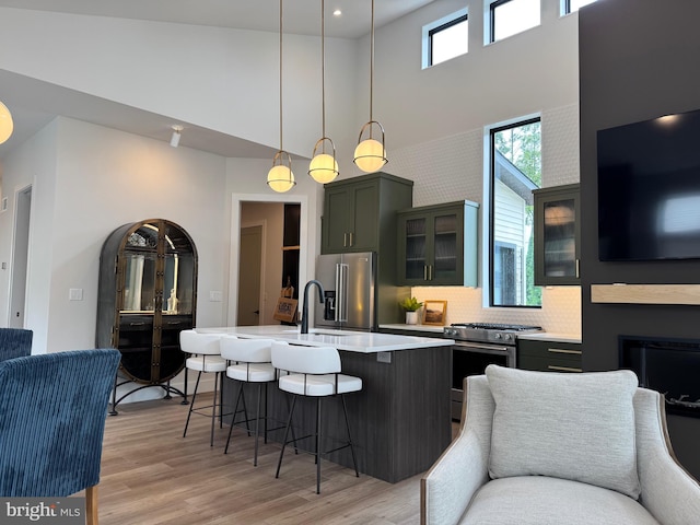 256 S Cedar St, Lititz, PA 17543 - kitchen with appliances with stainless steel finishes, a towering ceiling, light countertops, a breakfast bar area, and open floor plan