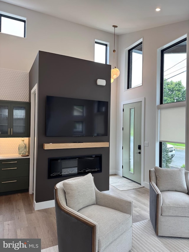 256 S Cedar St, Lititz, PA 17543 - living room with light wood-type flooring, a high ceiling, recessed lighting, and baseboards