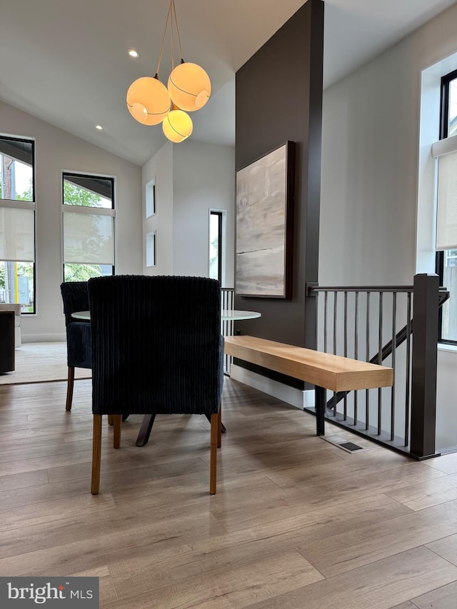256 S Cedar St, Lititz, PA 17543 - dining room with wood finished floors, vaulted ceiling, recessed lighting, and a chandelier
