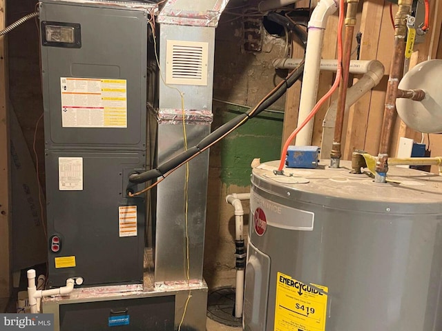 utility room with electric water heater and heating unit