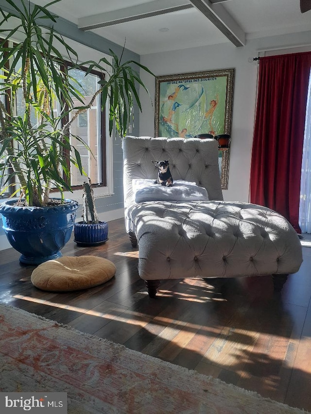 bedroom with hardwood / wood-style flooring and beamed ceiling