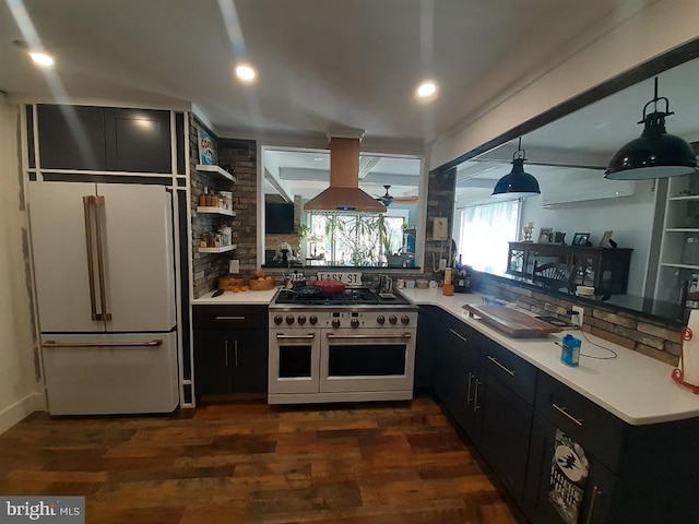 kitchen featuring premium appliances, dark hardwood / wood-style floors, decorative backsplash, and custom range hood