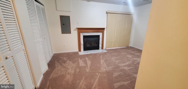 unfurnished living room with carpet flooring and electric panel