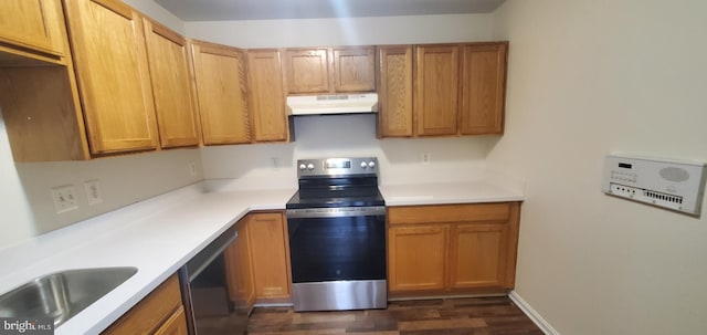 kitchen with dishwasher, stainless steel electric range oven, and dark wood-type flooring