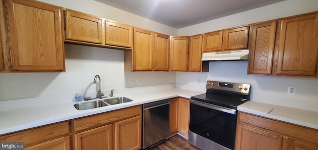 kitchen featuring sink, stainless steel appliances, and dark wood-type flooring