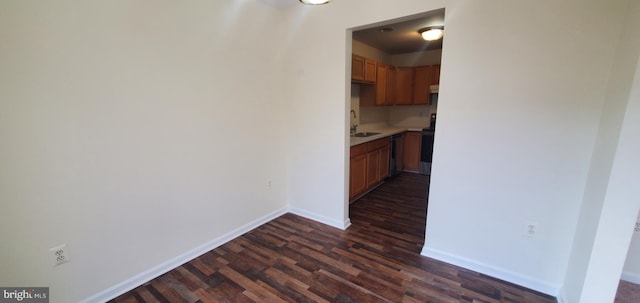 kitchen featuring sink, range, and dark wood-type flooring