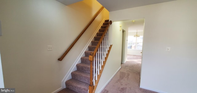 stairway featuring a chandelier and carpet floors