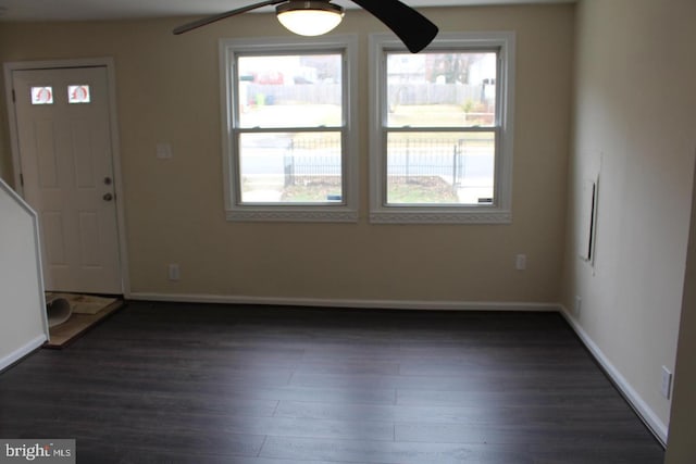 foyer entrance with plenty of natural light, dark hardwood / wood-style floors, and ceiling fan