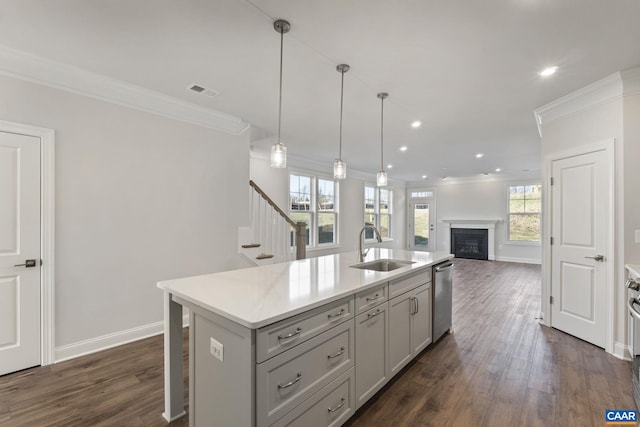 kitchen featuring gray cabinets, sink, dark wood-type flooring, and a center island with sink