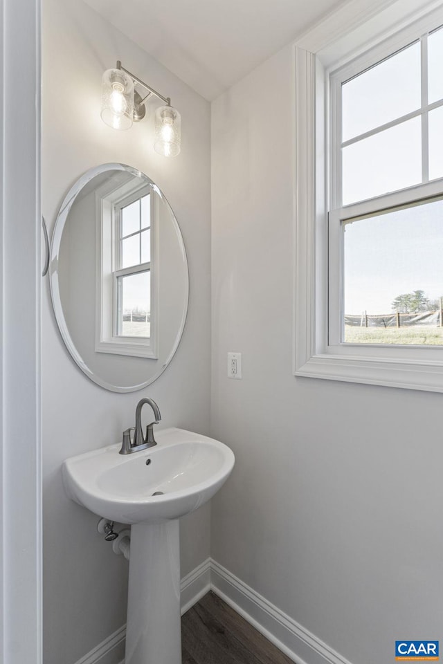 bathroom with a healthy amount of sunlight and hardwood / wood-style flooring