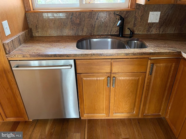 kitchen featuring hardwood / wood-style floors, dishwasher, and sink