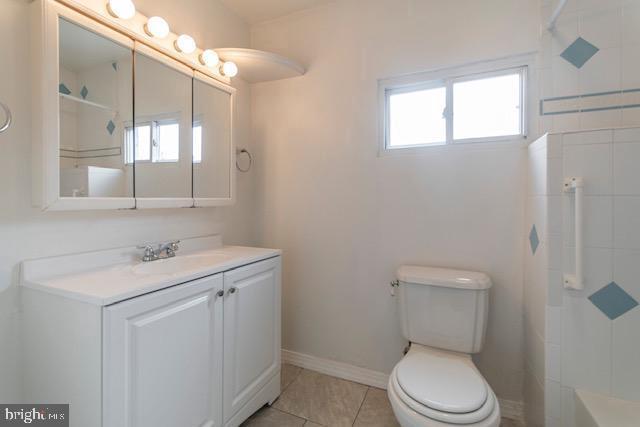 bathroom with tile patterned flooring, vanity, toilet, and walk in shower