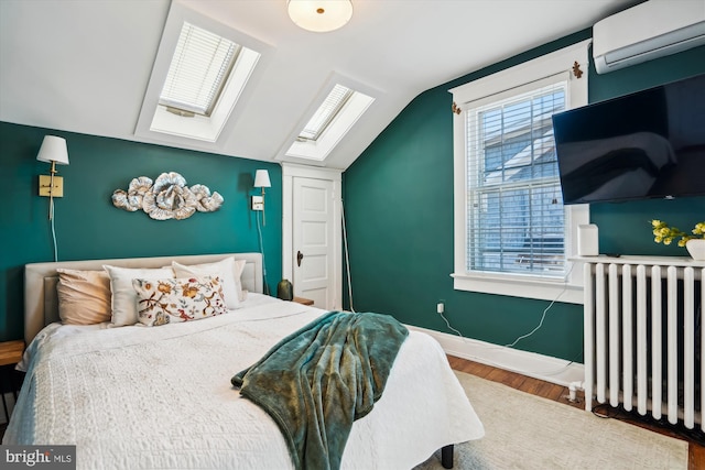 bedroom featuring hardwood / wood-style flooring, lofted ceiling, radiator heating unit, and a wall unit AC