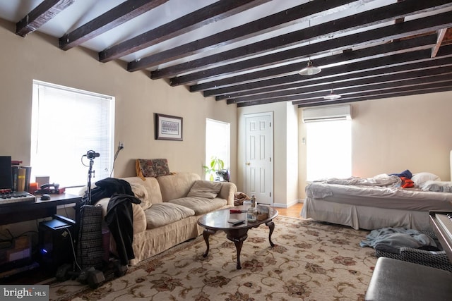 living room featuring a wall mounted air conditioner and beamed ceiling