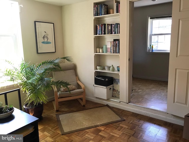 living area featuring dark parquet floors