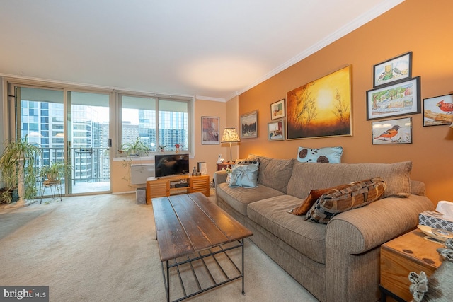 carpeted living room featuring ornamental molding