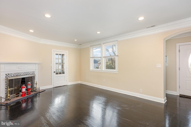 unfurnished living room with crown molding and a high end fireplace