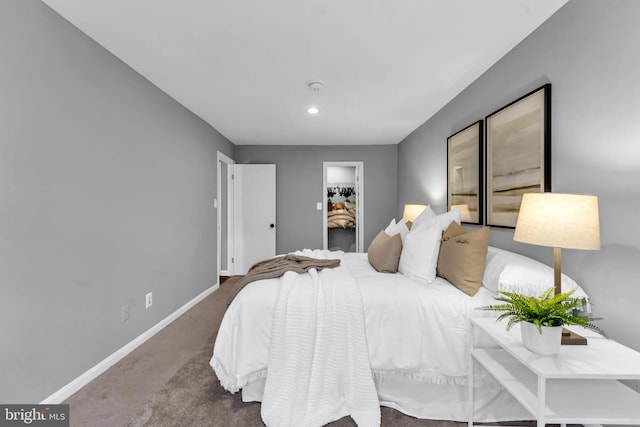 carpeted bedroom with a spacious closet and a closet