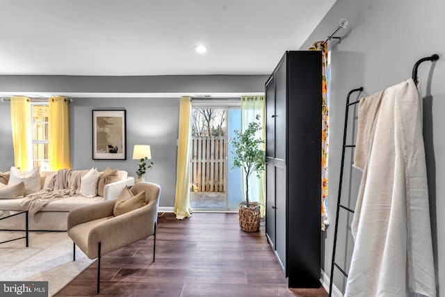 living room with dark hardwood / wood-style flooring