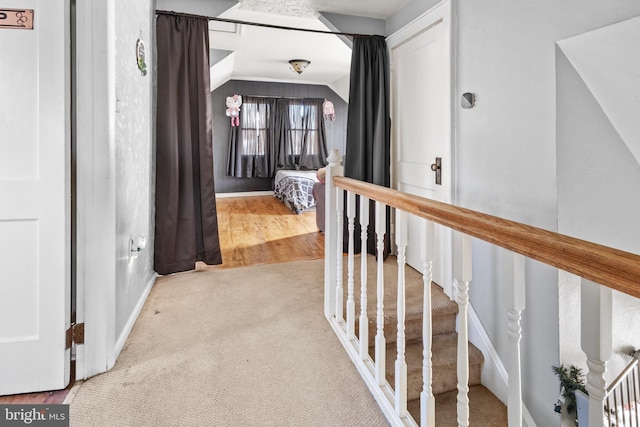 hallway featuring carpet flooring and lofted ceiling