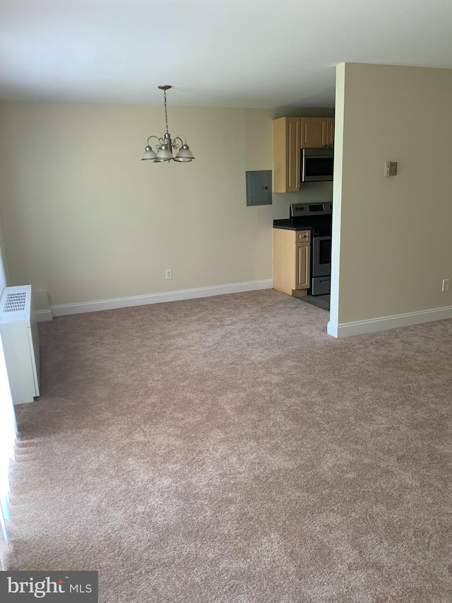 unfurnished living room featuring light carpet, electric panel, and a chandelier