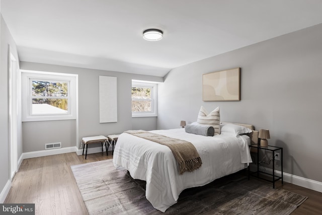 bedroom featuring wood-type flooring and multiple windows