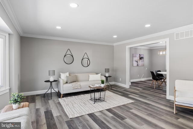 living room featuring hardwood / wood-style floors and crown molding