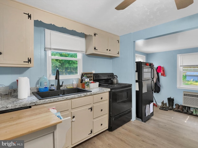 kitchen with black appliances, plenty of natural light, sink, and light hardwood / wood-style flooring