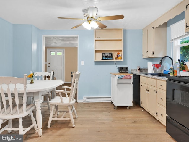 kitchen featuring ceiling fan, sink, a baseboard heating unit, light hardwood / wood-style floors, and black appliances