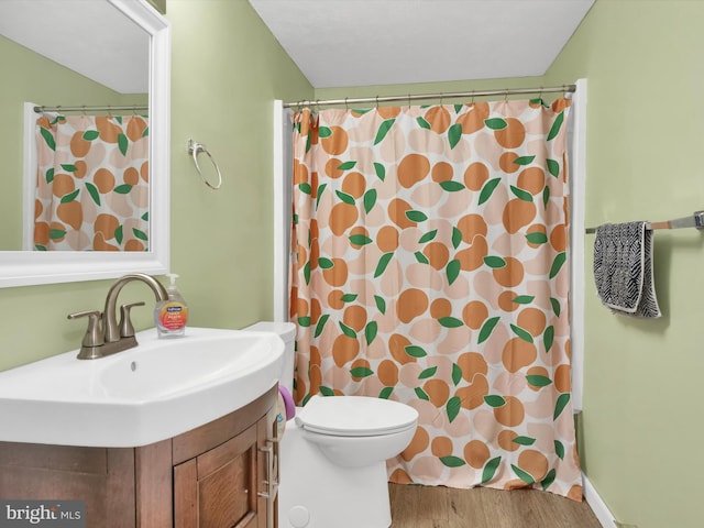 bathroom featuring a shower with shower curtain, vanity, toilet, and wood-type flooring